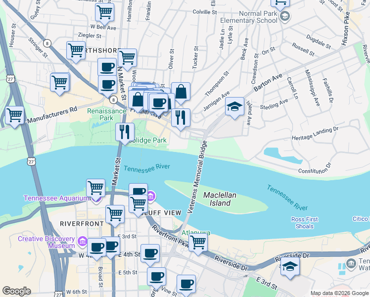 map of restaurants, bars, coffee shops, grocery stores, and more near 500 River Street in Chattanooga