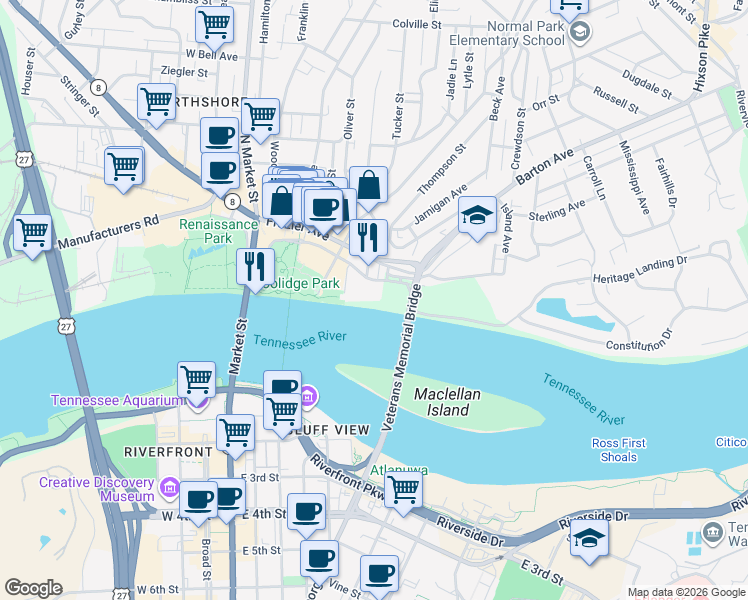 map of restaurants, bars, coffee shops, grocery stores, and more near 500 River Street in Chattanooga