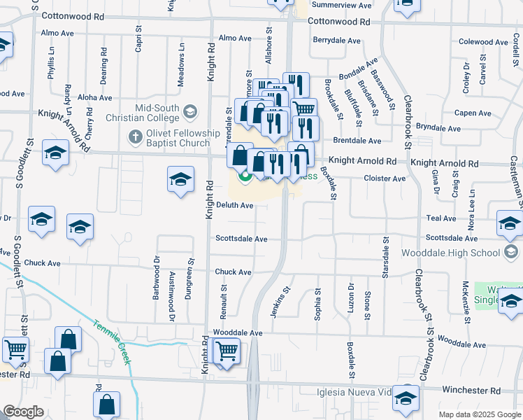 map of restaurants, bars, coffee shops, grocery stores, and more near 4695 Deluth Avenue in Memphis