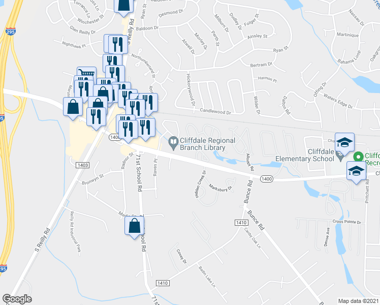 map of restaurants, bars, coffee shops, grocery stores, and more near 6820 Cliffdale Road in Fayetteville