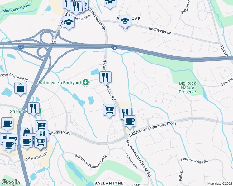 map of restaurants, bars, coffee shops, grocery stores, and more near 11540 North Community House Road in Charlotte