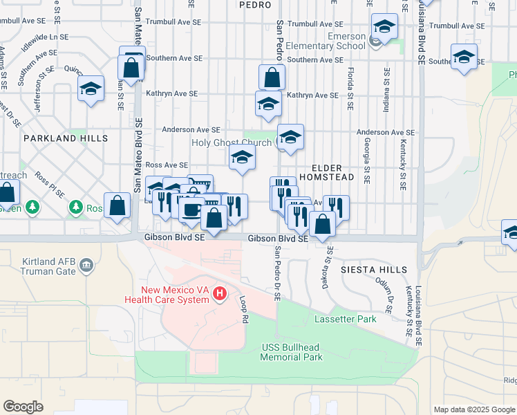 map of restaurants, bars, coffee shops, grocery stores, and more near 1201 San Pedro Drive Southeast in Albuquerque