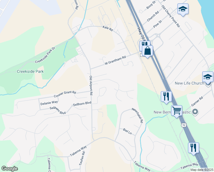 map of restaurants, bars, coffee shops, grocery stores, and more near 105 Owls Nest Court in New Bern