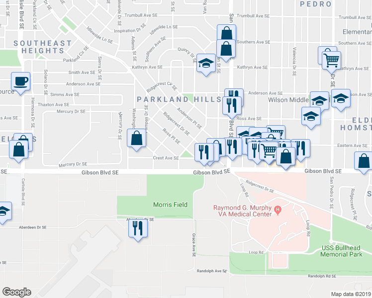 map of restaurants, bars, coffee shops, grocery stores, and more near Jackson Street Southeast & Ross Place Southeast in Albuquerque