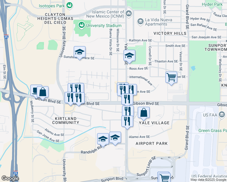map of restaurants, bars, coffee shops, grocery stores, and more near 1928 Buena Vista Drive Southeast in Albuquerque