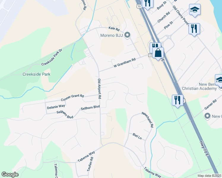 map of restaurants, bars, coffee shops, grocery stores, and more near 140-142 Jordan Drive in New Bern