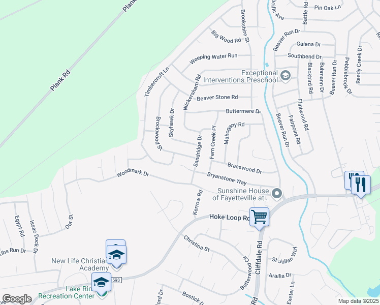 map of restaurants, bars, coffee shops, grocery stores, and more near 6904 Brockwood Street in Fayetteville