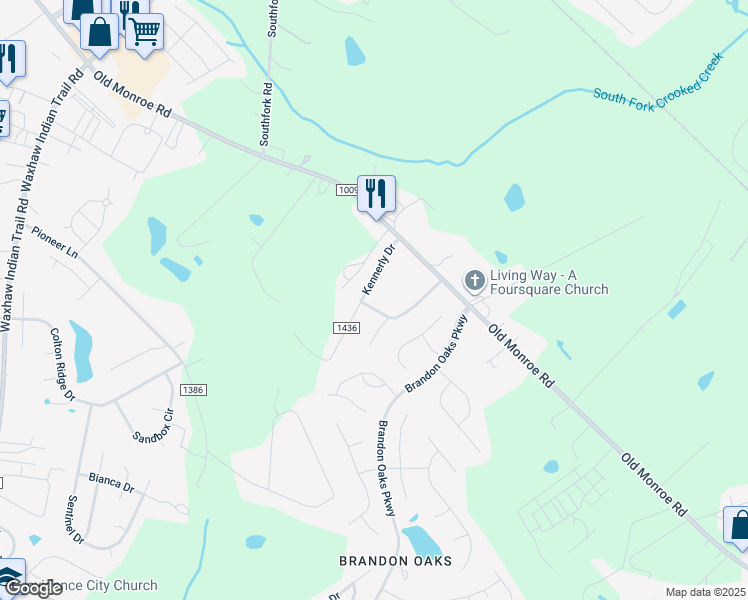 map of restaurants, bars, coffee shops, grocery stores, and more near 5301 Short Cut Lane in Indian Trail