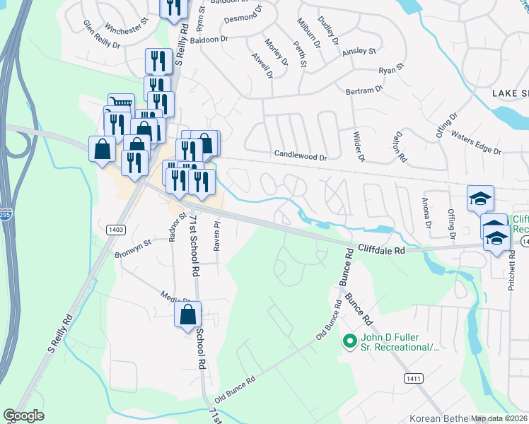 map of restaurants, bars, coffee shops, grocery stores, and more near 6820 Cliffdale Road in Fayetteville