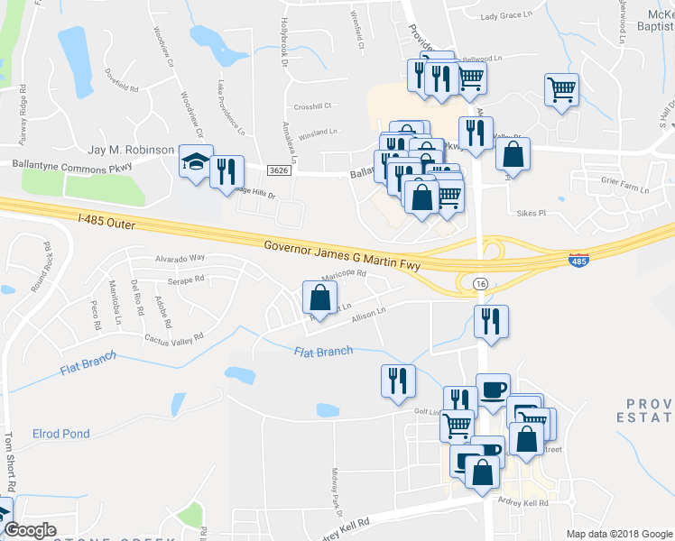 map of restaurants, bars, coffee shops, grocery stores, and more near 6949 Maricopa Road in Charlotte
