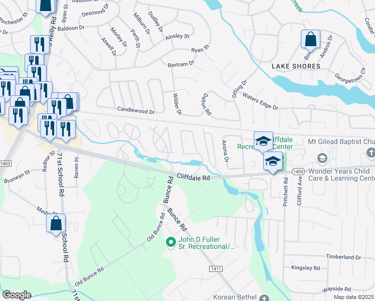 map of restaurants, bars, coffee shops, grocery stores, and more near 664 Bartons Landing Place in Fayetteville