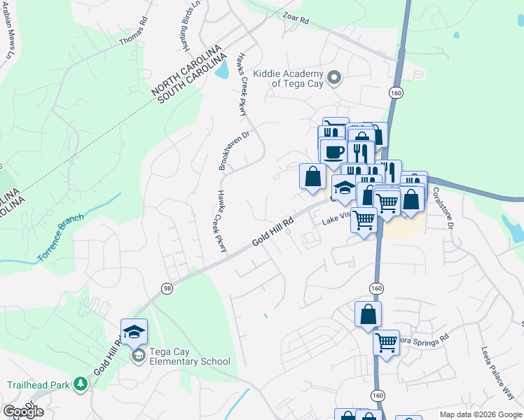 map of restaurants, bars, coffee shops, grocery stores, and more near 1838 Gold Hill Road in Fort Mill