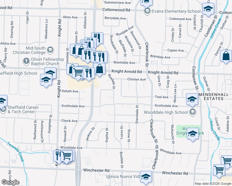 map of restaurants, bars, coffee shops, grocery stores, and more near 3254 Boxdale Street in Memphis