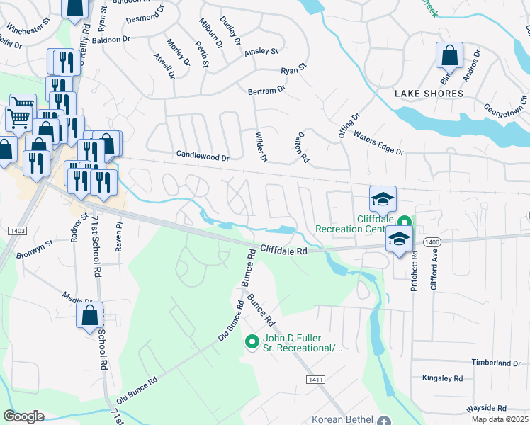 map of restaurants, bars, coffee shops, grocery stores, and more near 667 Bartons Landing Place in Fayetteville