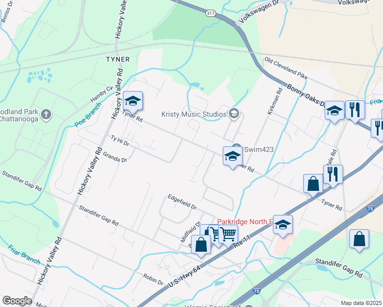 map of restaurants, bars, coffee shops, grocery stores, and more near 7012 Tyner Road in Chattanooga