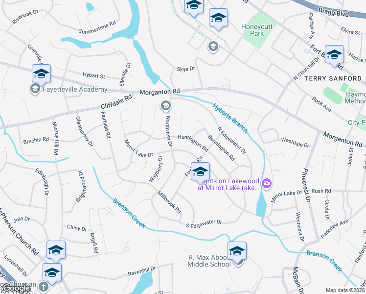 map of restaurants, bars, coffee shops, grocery stores, and more near 2718 Mirror Lake Drive in Fayetteville