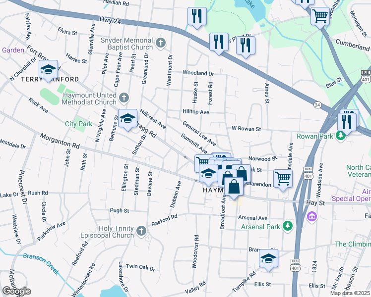 map of restaurants, bars, coffee shops, grocery stores, and more near 1407 Morganton Road in Fayetteville