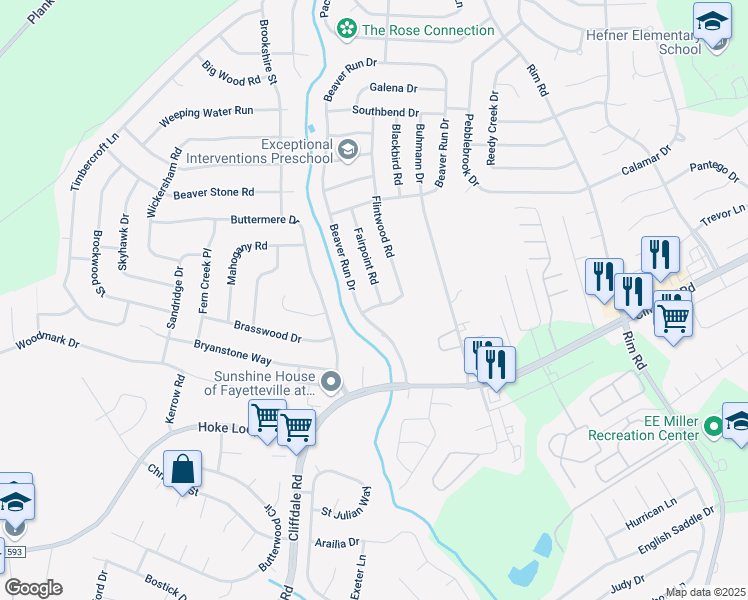 map of restaurants, bars, coffee shops, grocery stores, and more near 7498 Fairpoint Road in Fayetteville