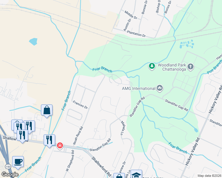map of restaurants, bars, coffee shops, grocery stores, and more near 2342 Marco Circle in Chattanooga