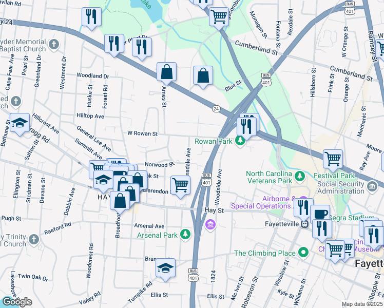 map of restaurants, bars, coffee shops, grocery stores, and more near 308 Hinsdale Avenue in Fayetteville