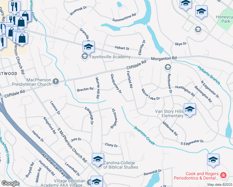 map of restaurants, bars, coffee shops, grocery stores, and more near 312 Glenburney Drive in Fayetteville
