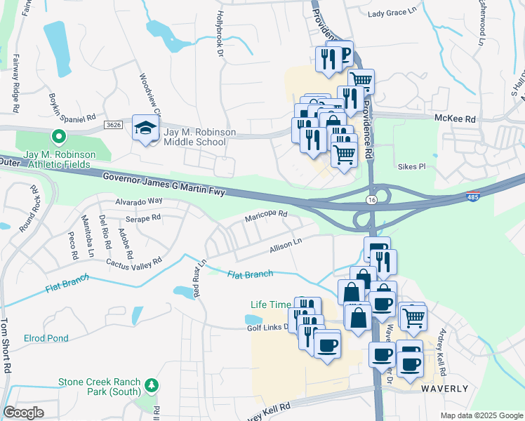 map of restaurants, bars, coffee shops, grocery stores, and more near 6953 Maricopa Road in Charlotte