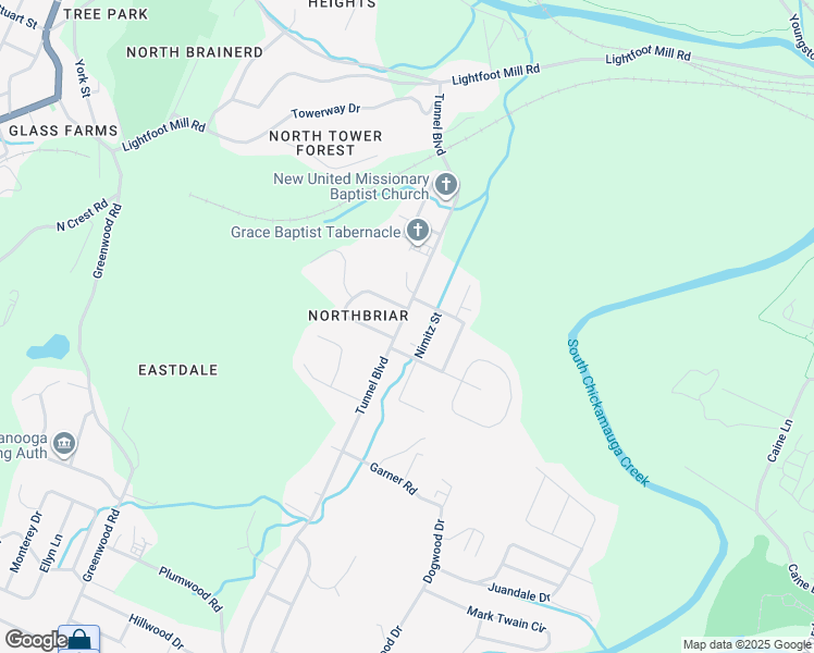 map of restaurants, bars, coffee shops, grocery stores, and more near 2424 Tunnel Boulevard in Chattanooga