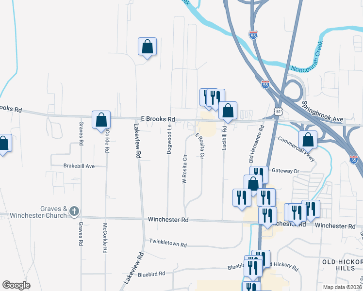 map of restaurants, bars, coffee shops, grocery stores, and more near 3266 West Rosita Circle in Memphis