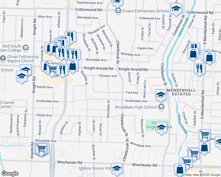map of restaurants, bars, coffee shops, grocery stores, and more near 3264 Starsdale Street in Memphis