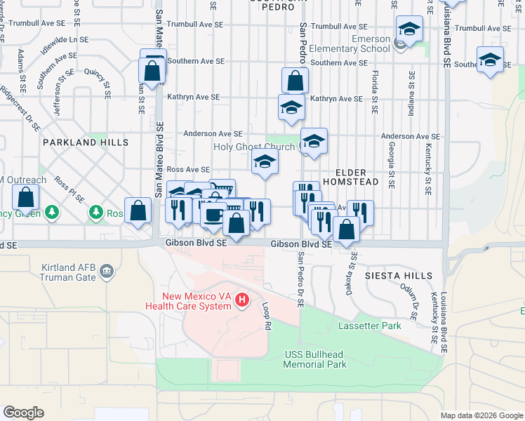 map of restaurants, bars, coffee shops, grocery stores, and more near 1400 Cardenas Drive Southeast in Albuquerque