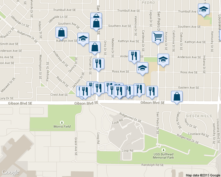 map of restaurants, bars, coffee shops, grocery stores, and more near 1325 Palomas Drive Southeast in Albuquerque