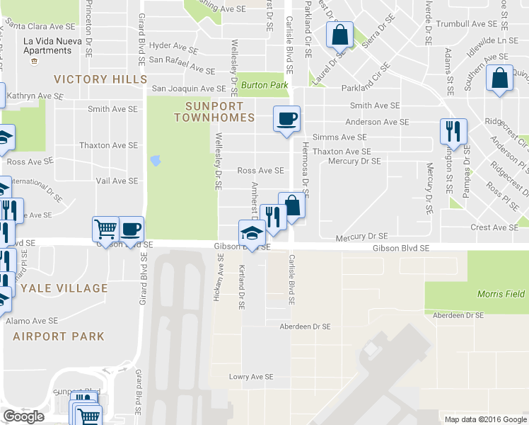 map of restaurants, bars, coffee shops, grocery stores, and more near 3437 Crest Avenue Southeast in Albuquerque