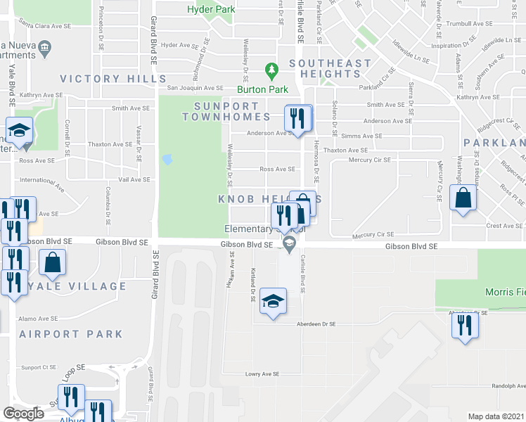 map of restaurants, bars, coffee shops, grocery stores, and more near 3437 Crest Avenue Southeast in Albuquerque