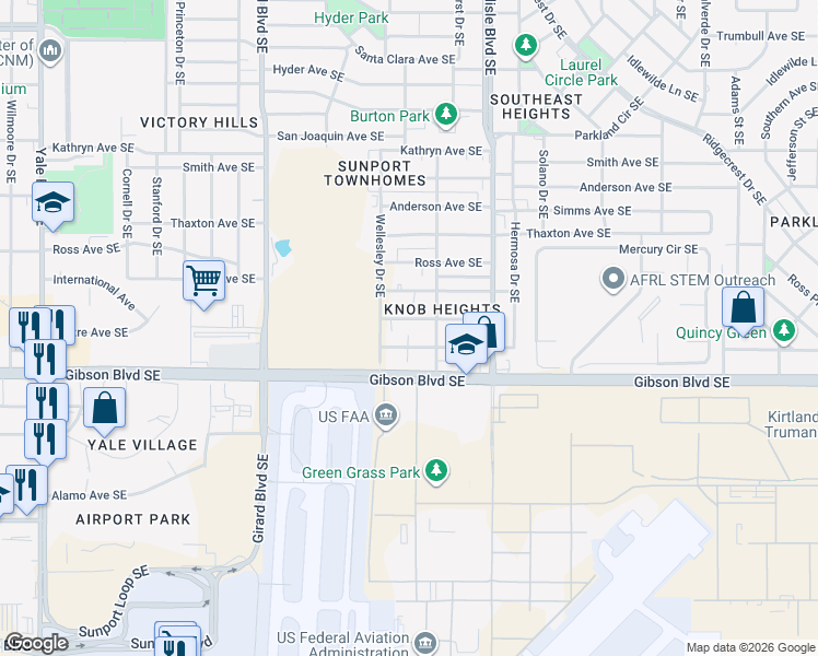 map of restaurants, bars, coffee shops, grocery stores, and more near 3413 Crest Avenue Southeast in Albuquerque