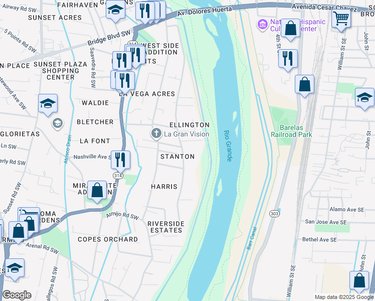 map of restaurants, bars, coffee shops, grocery stores, and more near 624 Riverside Drive Southwest in Albuquerque