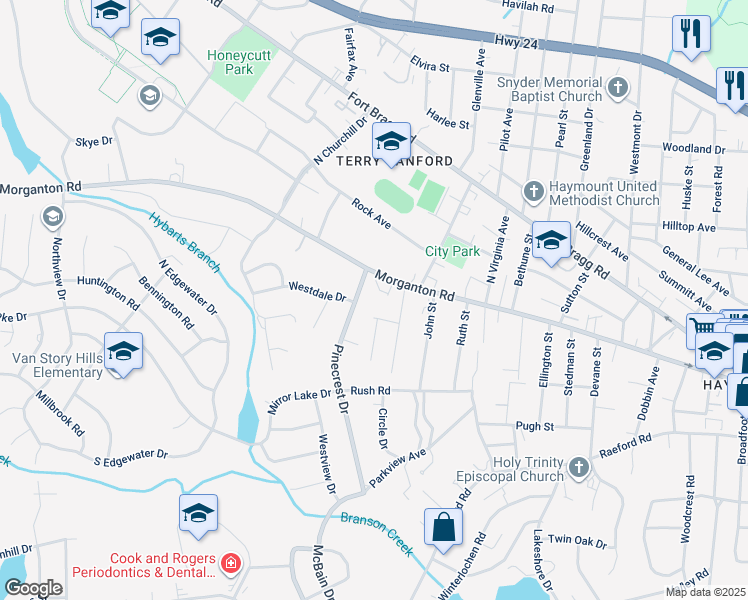 map of restaurants, bars, coffee shops, grocery stores, and more near 117 Pinecrest Drive in Fayetteville