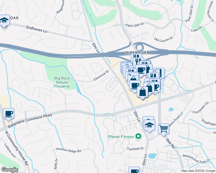 map of restaurants, bars, coffee shops, grocery stores, and more near 8344 Indigo Row in Charlotte