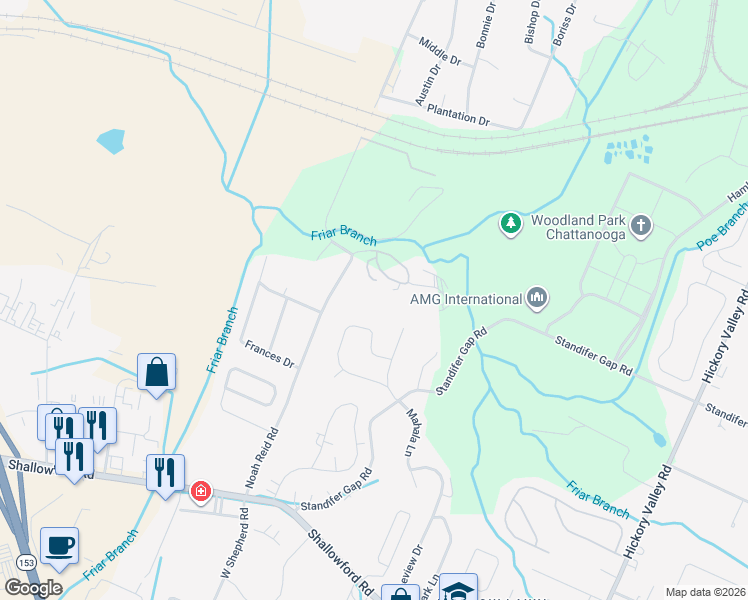 map of restaurants, bars, coffee shops, grocery stores, and more near 2342 Marco Circle in Chattanooga