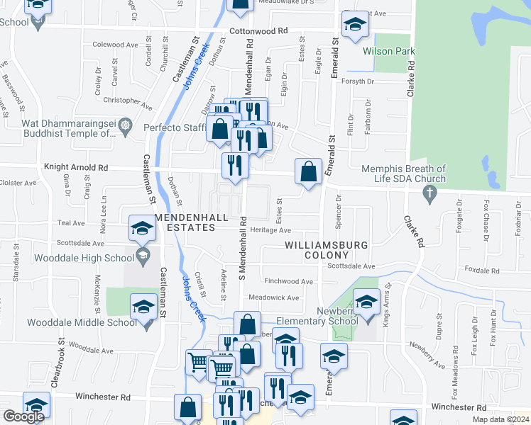 map of restaurants, bars, coffee shops, grocery stores, and more near 3256 South Mendenhall Road in Memphis