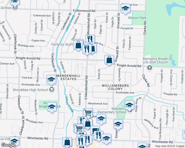 map of restaurants, bars, coffee shops, grocery stores, and more near 3256 South Mendenhall Road in Memphis