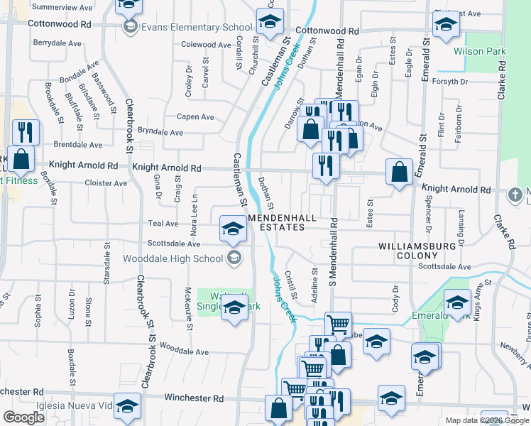 map of restaurants, bars, coffee shops, grocery stores, and more near 3264 Castleman Street in Memphis