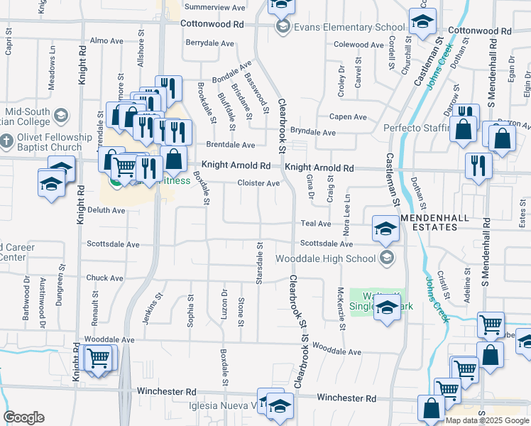 map of restaurants, bars, coffee shops, grocery stores, and more near 3264 Starsdale Street in Memphis