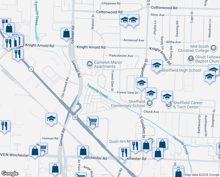 map of restaurants, bars, coffee shops, grocery stores, and more near 4099 Forest View Drive in Memphis