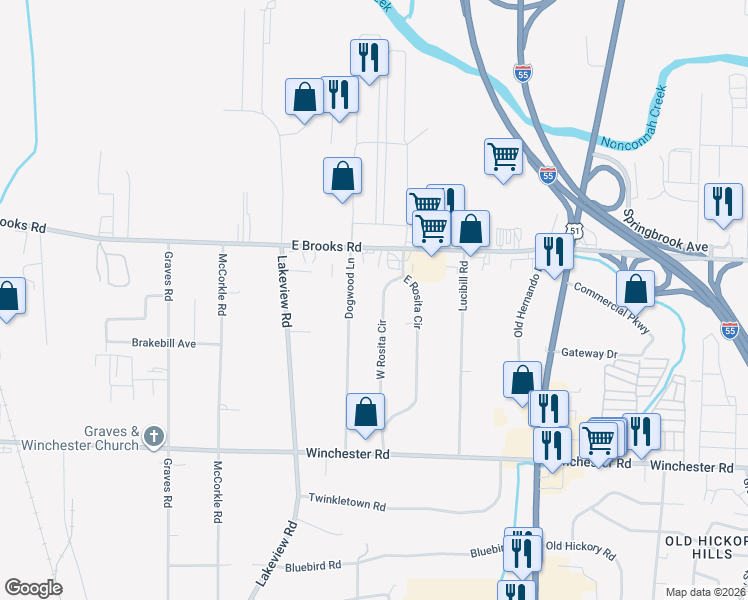 map of restaurants, bars, coffee shops, grocery stores, and more near 3266 West Rosita Circle in Memphis