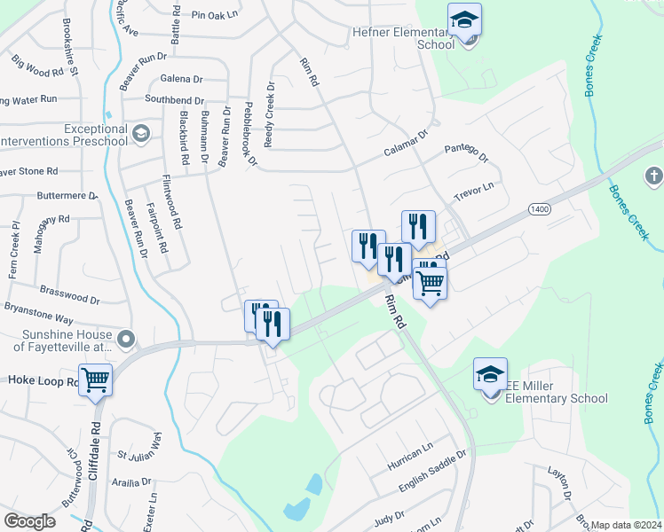 map of restaurants, bars, coffee shops, grocery stores, and more near 5007 Waterloo Avenue in Fayetteville