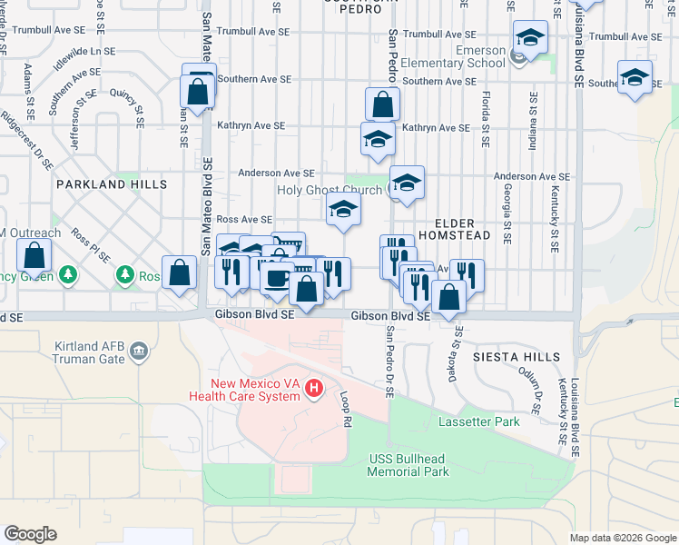 map of restaurants, bars, coffee shops, grocery stores, and more near 1400 Cardenas Drive Southeast in Albuquerque
