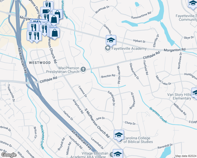 map of restaurants, bars, coffee shops, grocery stores, and more near 256 Westwood Drive in Fayetteville