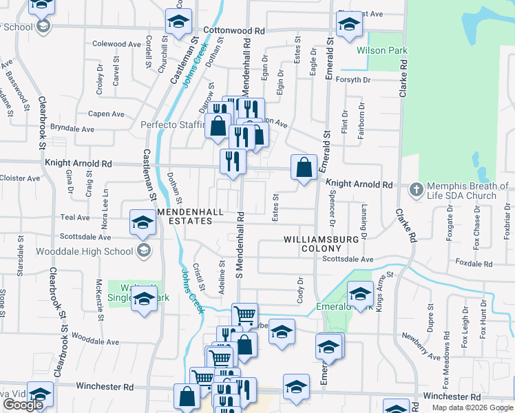 map of restaurants, bars, coffee shops, grocery stores, and more near 3256 South Mendenhall Road in Memphis