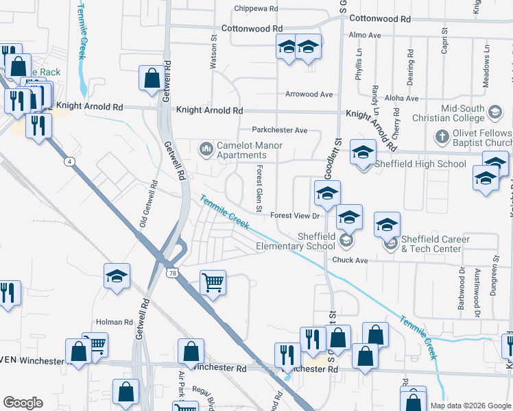 map of restaurants, bars, coffee shops, grocery stores, and more near 3255 Forest Glen Street in Memphis