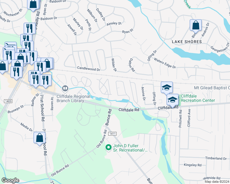 map of restaurants, bars, coffee shops, grocery stores, and more near 667 Bartons Landing Place in Fayetteville